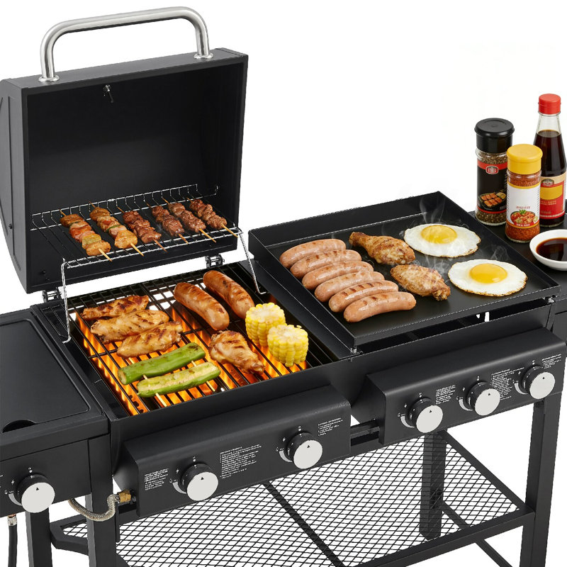 Combinaison de barbecue au gaz 3 en 1 avec plaque chauffante, 6 brûleurs de 56 000 Btu avec brûleur latéral, barbecue émaillé avec tablettes de rangement
