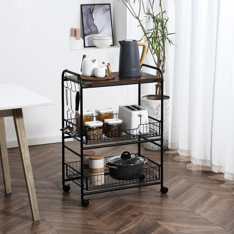 Walnut 3 Tier Kitchen Cart With 2 Sliding & Side Hooks, Compact For Efficient Storage Island Adaptable Various Room Settings