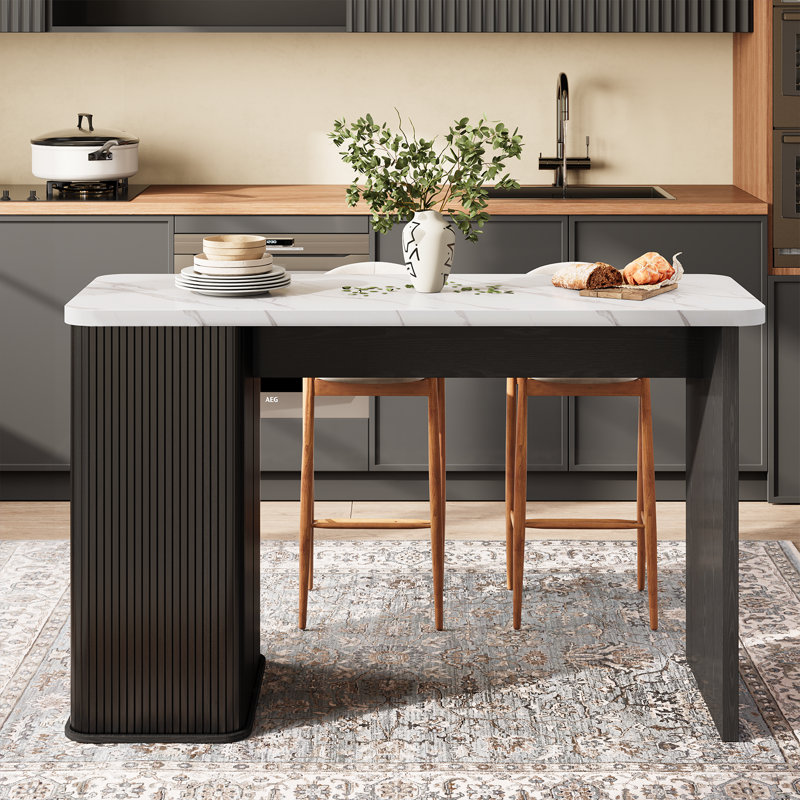 Counter Height Dining Table With Storage, Rectangular Bar Table With Drawer And Wine Rack, White Marble/Black