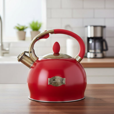 Bouilloire rouge sifflante pour cuisinière 2,64 pte, acier inoxydable de qualité alimentaire, poignée ergonomique résistante à la chaleur avec gant en silicone