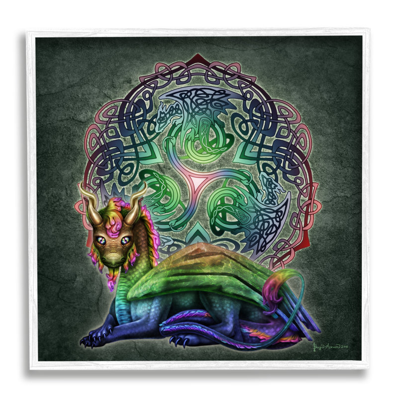 Dragon sur motif celtique, impression sur bois, H 17 po x l 17 po x P 1,5 po, Giclée encadrée blanc bord de mer