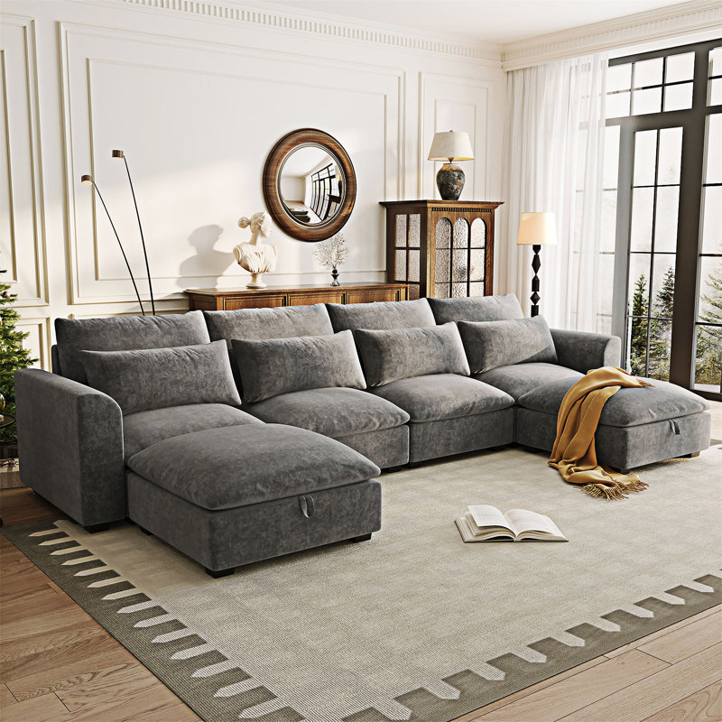 Canapé modulaire en U avec deux repose-pieds, Gris