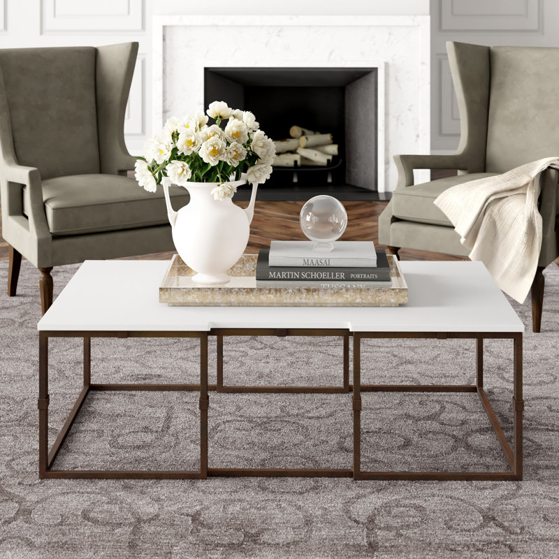 52'' Antique Textured Gold Metal and White Seagrass Outdoor Coffee Table