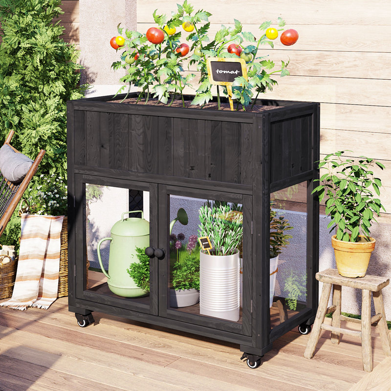 Patio 35.4''X17.7''X37.4'' Mini Wood Cold Frame, Compact 2 Doors Garden Greenhouse With Wheels, Raised Bed With Liner For Indoor Outdoor Use