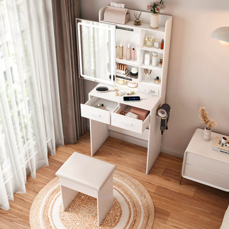Petit bureau de coiffeuse avec miroir et lumières à DEL réglables, prise de courant intégrée et rangement dissimulé, comprend tabouret et tablette rembourrés, coiffeuse compacte pour petite chambre à coucher, blanc
