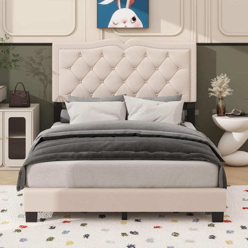 Lit à panneau tapissier Kesean, Beige, Double