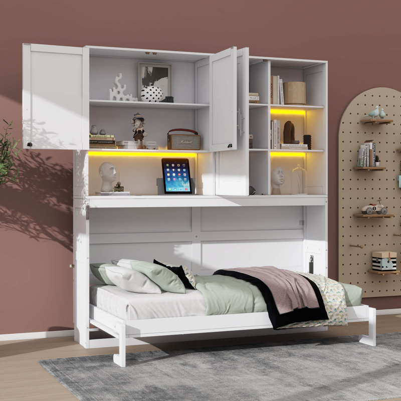 Lit escamotable simple de taille simple avec armoire murale, tablettes, conception pliable peu encombrante avec éclairage et connectivité USB