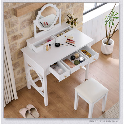 Coiffeuse compacte avec miroir réversible, coiffeuse avec tabouret, coiffeuse compacte pour petits espaces
