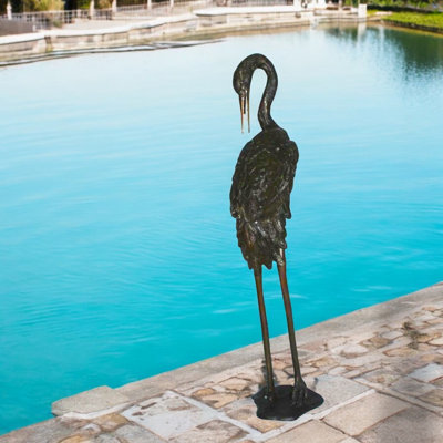 Statue de fontaine en bronze Crane Head Down - symbole de paix pour le jardin et le patio, L 10 po x l 9 po x H 44 po