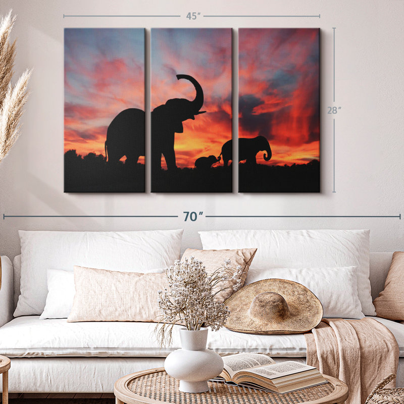 «Elephant Silhouette Sunset» sur toile, H 28 po x l 45 po