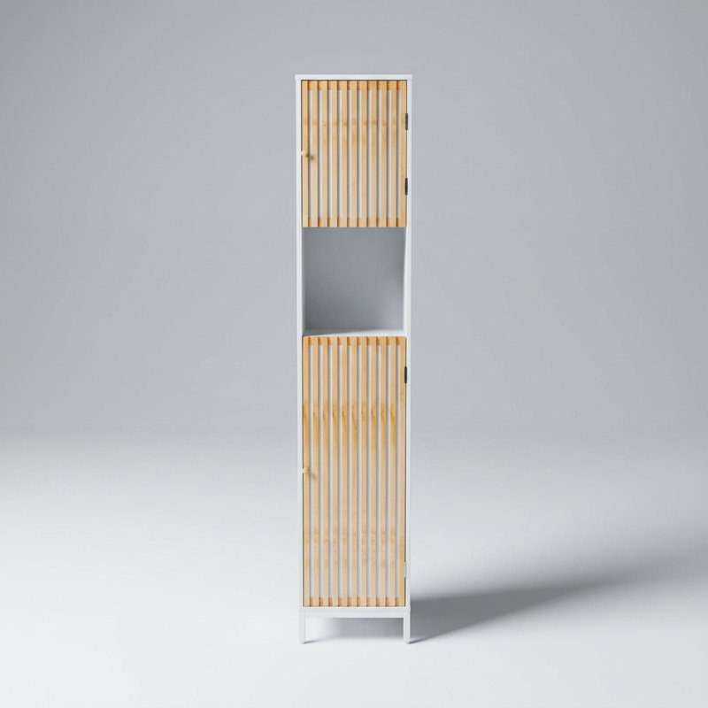 Sleek Tall Bathroom Storage Cabinet with Slatted Doors Offering Ample Organization Space for Towels and Toiletries