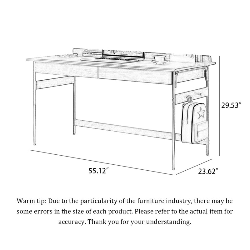 Bureau d'écriture de style Mid-Century avec deux tiroirs et crochets latéraux, H 29,53 po x l 55,12 po x P 23,62 po