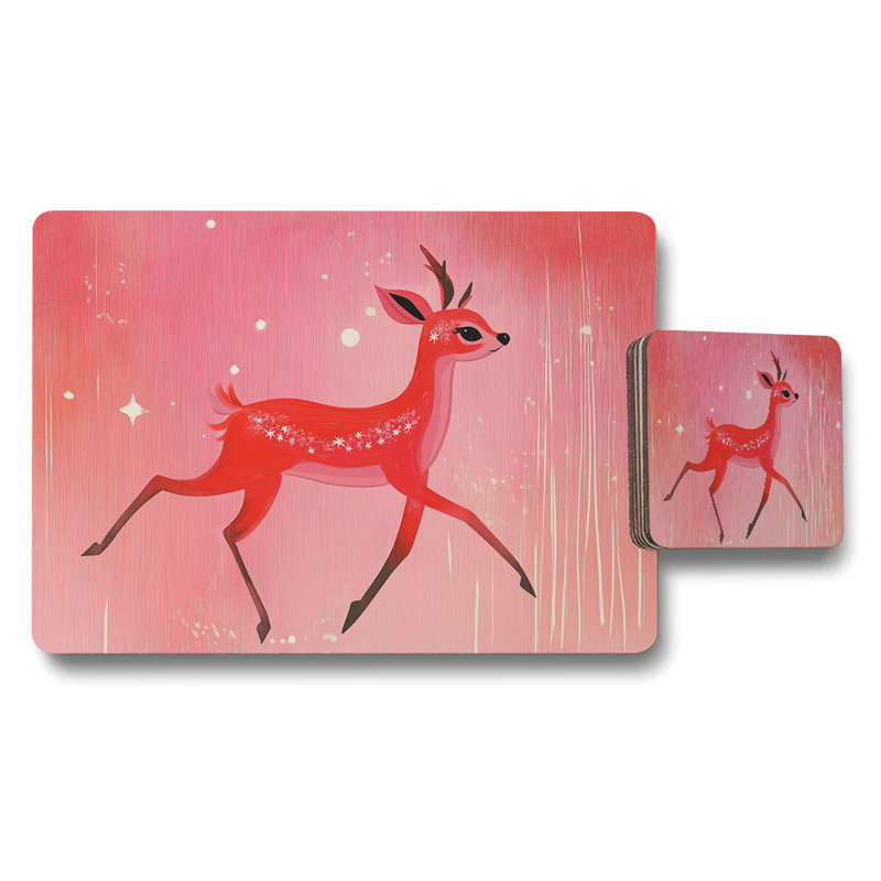 Red Deer Placemats and Coaster Set With Pink Gradient Design