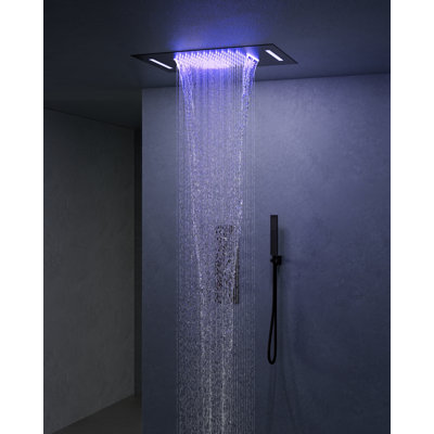 Thermostatic LED Rainfall Shower System, Ceiling Mounted Waterfall Showerhead with Handheld Spray