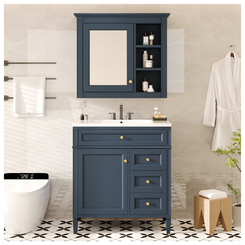 Meuble-lavabo bleu de 30 pouces avec lavabo intégré, armoire en bois massif et panneau de fibres à densité moyenne, conforme TSCA Titre VI