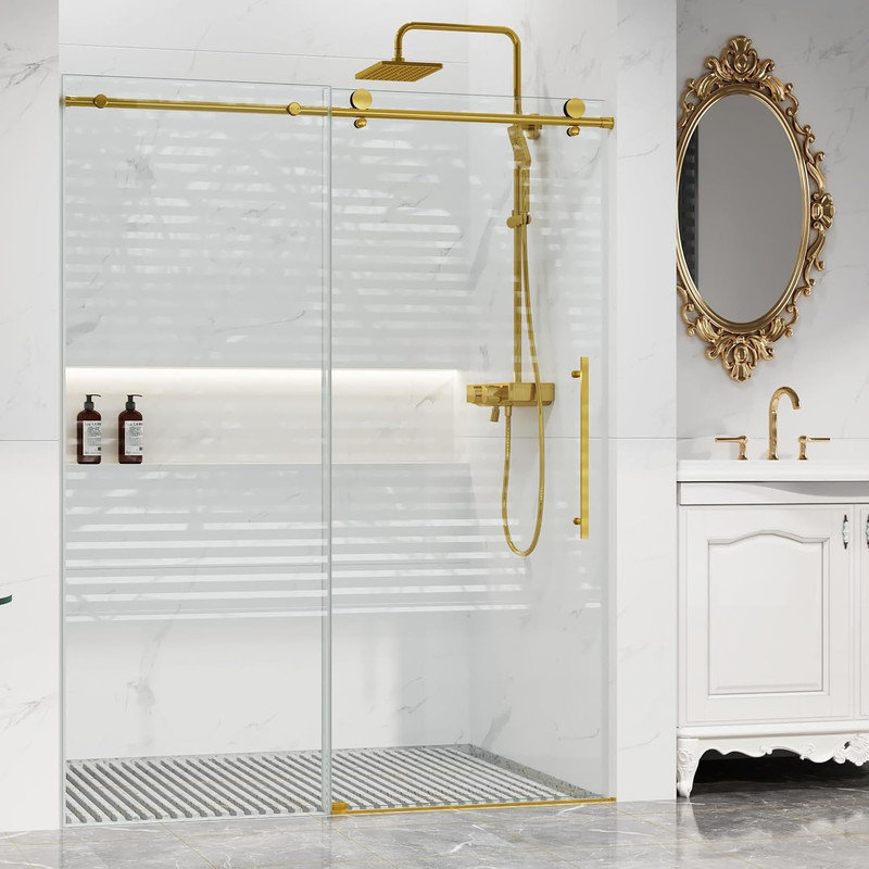 56-60" Frameless Shower Glass Door with Waterproof Seal, 8mm Tempered Glass & Stainless Steel, Gold