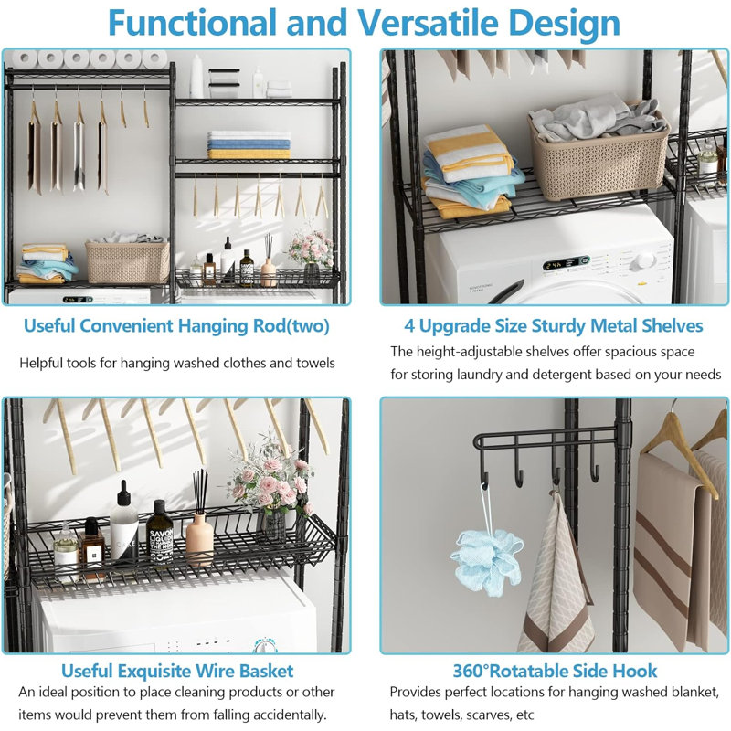 Black Adjustable Over Washer and Dryer Storage Shelf with Hooks