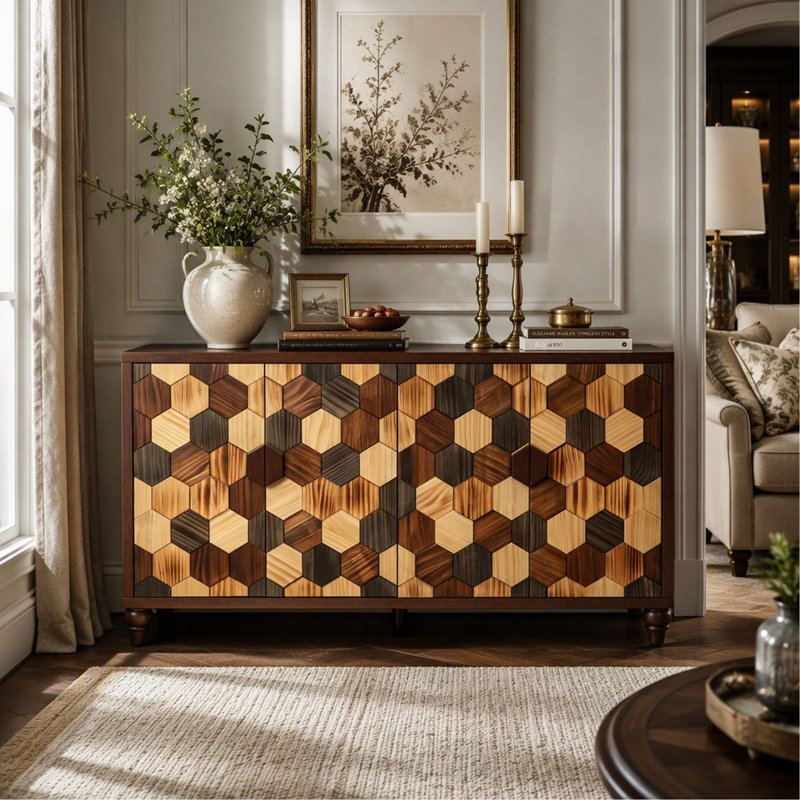 Meuble d'appoint moderne de 152 cm (59,8 pouces) avec motif alvéolé pour le rangement du salon et de la salle à manger