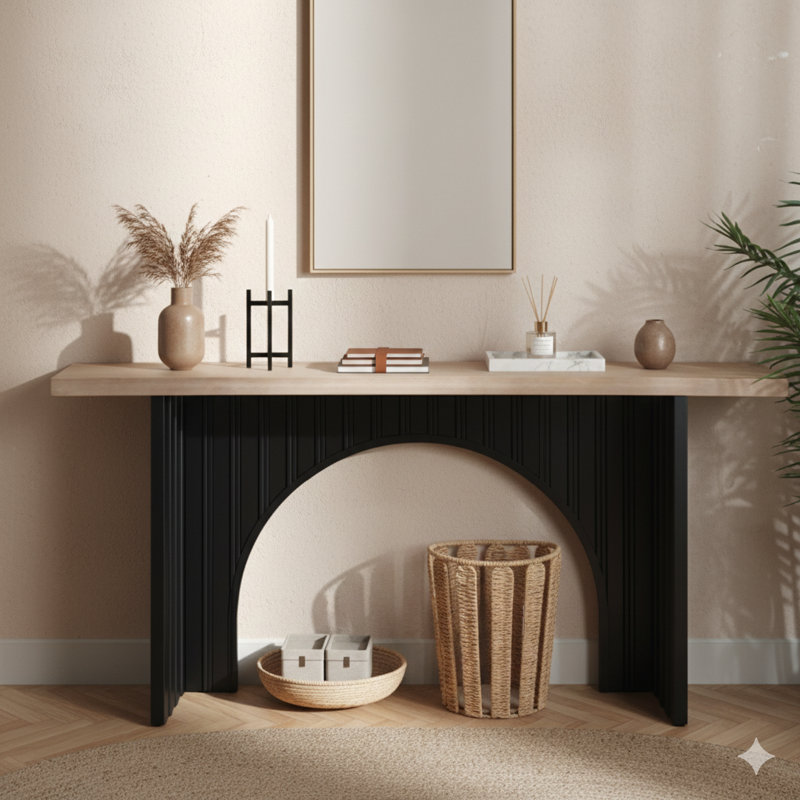 Console moderne minimaliste avec une base arquée noire et un plateau en bois naturel d'une longueur de 66 pouces.