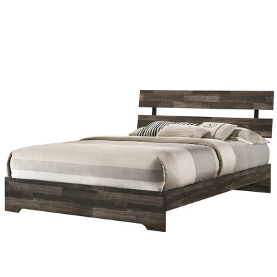 Lit plateforme contemporain de style rustique avec tête de lit à lattes de ton brun, bois, dans une boîte pour la configuration de la chambre à coucher