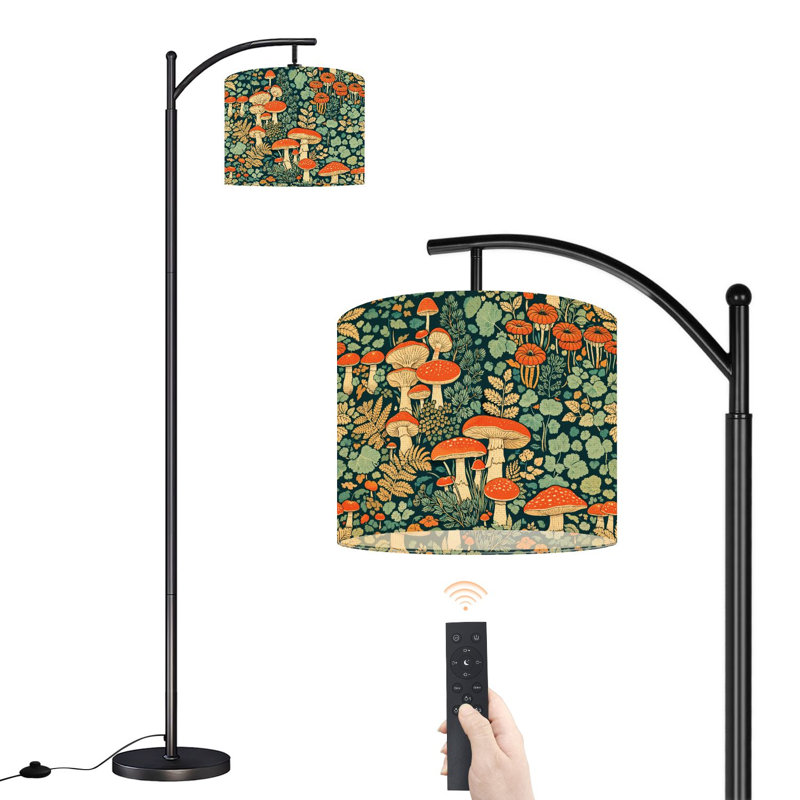 Arc Floor Lamp with Adjustable Lampshade Vibrant Red Mushrooms Forest Greenery Ferns Standing Lamp 3 Color Temperatures Dimmable Tall Pole Lamp with Foot Switch for Bedroom