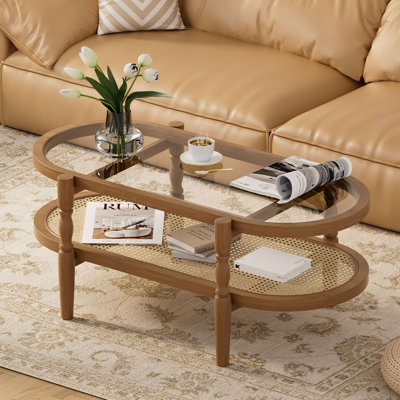 Table basse ovale en rotin avec plateau en verre et structure en bois massif, table basse moderne Mid-Century