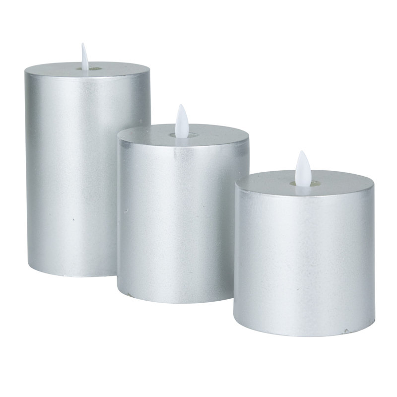Ensemble de 3 bougies sans flamme Coastal, H 5,5 po x l 3 po / H 4,5 po x l 3 po / H 4 po x l, Argent
