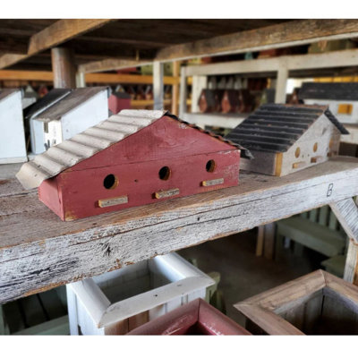 Large Red 3-Room Birdhouse, Rustic Reclaimed Wood Birdie Inn with Corrugated Metal Roof, Outdoor Garden Decor
