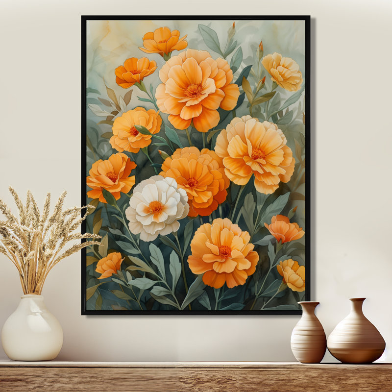 Orange orange, parfum, souci, jardin II - impression d'art mural souci, Encadrement argenté, H 12 po x l 20 po