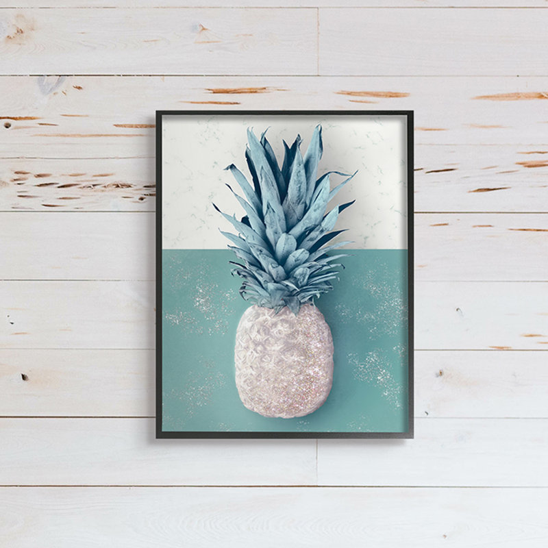 Ananas tropical avec vert beige, Giclée encadrée noir minuit, H 30 po x l 24 po