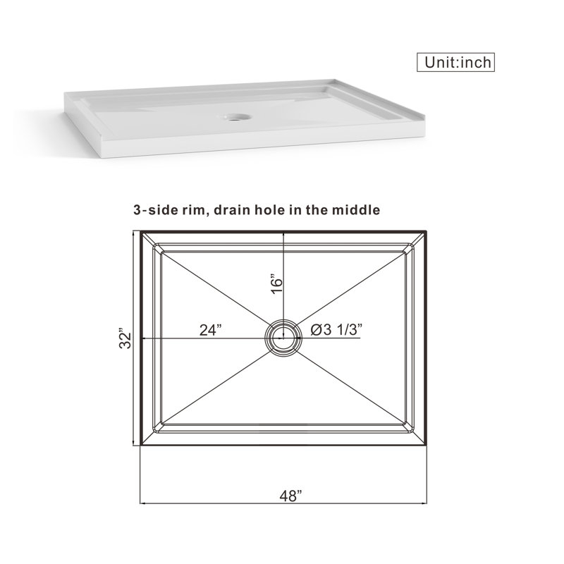 Goodyo 32"x48" Anti-slip Acrylic Shower Base - 3.4" Height White Single Threshold Centre Drain Shower Pan for Bathroom