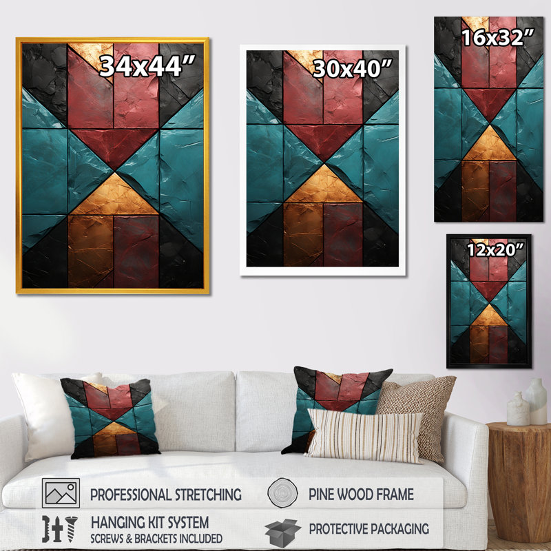 Carreaux de chevron bleu et rouge Elegance II - art mural abstrait, Cadre photo noir, H 44 po x l 34 po x P 1,5 po