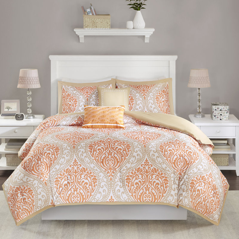 Senna Damask Comforter Set, Twin/Twin XL Comforter+ 1 Standard Sham + 2 Throw, Orange