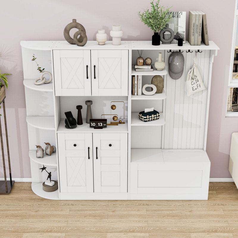 Arbre d'entrée en bois avec 4 crochets, armoire et banc