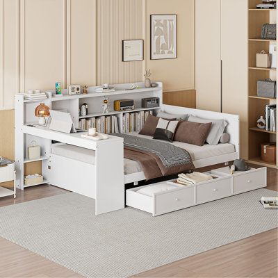 Full Size Wooden Daybed With 3 Drawers, USB Ports And Desk,White