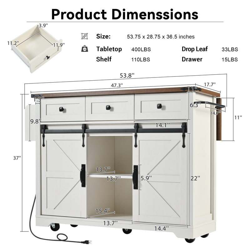 53.7" W Wood Kitchen Island with Drop Leaf, White