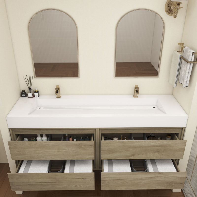 Meuble-lavabo mural double en teck et évier en acrylique 84 po Victoria, Chêne blanc