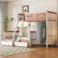 Lit superposé simple au-dessus d'un lit double en bois avec garde-robe, tiroirs, tablettes et lumière DEL (blanc + orange)