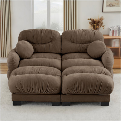 Canapé modulaire confortable à 2 places en tissu de chenille plissé avec siège ergonomique en mousse haute densité, canapé modulaire en forme de L avec 2 repose-pieds, accoudoirs arrondis arrondis et 2 coussins décoratifs ronds, brun