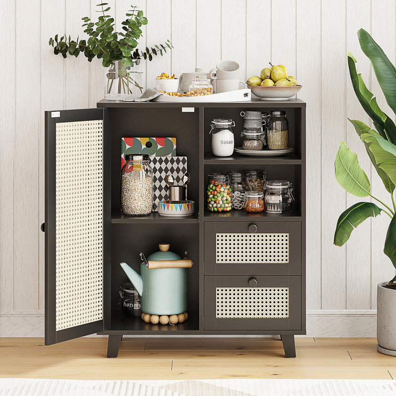 Rattan Buffet Cabinet With Drawers And Adjustable Shelf, Sideboard Storage Cabinet, Black
