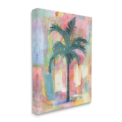 «Tropical Palm Tree» abstrait rose, collage jaune surdimensionné, art numérique sur estampe numérique par Kristen Dew
