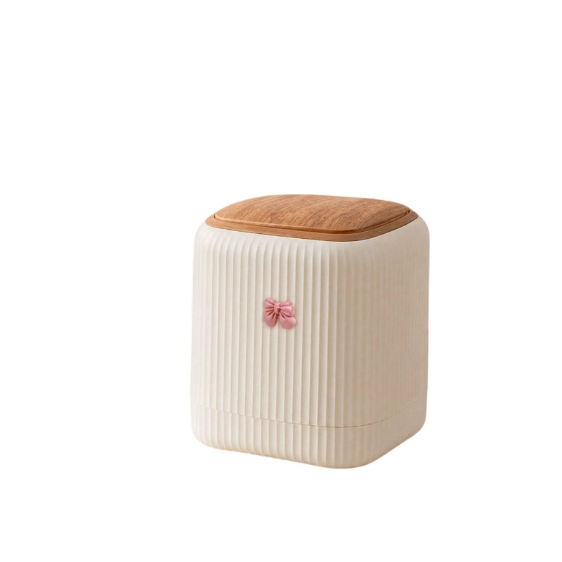 Poubelle de bureau à couvercle rabattable avec joli nœud décoratif, petite poubelle en plastique avec couvercle pour chambre, salon ou coiffeuse.