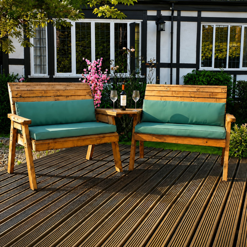 Hand Made 4 Seater Chunky Rustic Wooden Furniture Set with 2 Benches, Angled Tray & Green Cushions