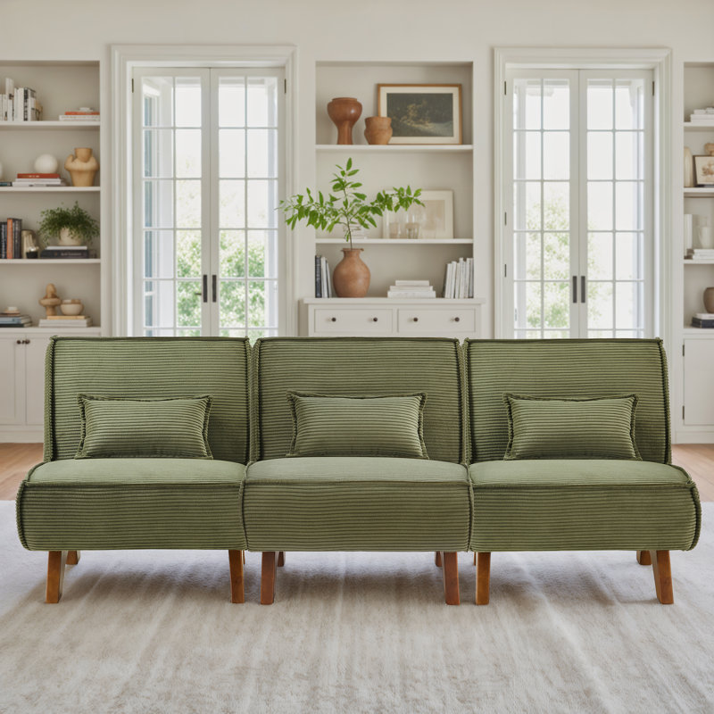 Drayk 90''W 3-Piece Upholstered Modular Sofa With Solid Wood Base and Pillows, Light Green Chenille