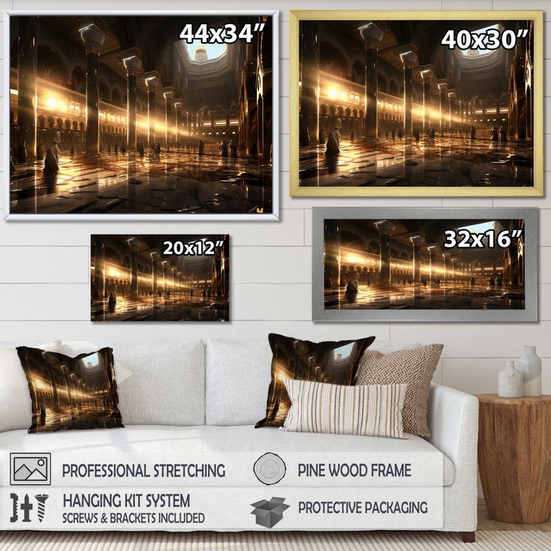 Hajj Pilgrimage I - Art mural, H 30 po x l 40 po x P 1,5 po, Cadre doré à coins fermés