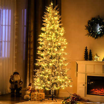 Arbre de 7,5 pi, 850 branches enneigées, 350 lumières chaudes, ouverture automatique, flamme, grand arbre de Noël simple à assembler avec branches, ouverture jaune, retardateur, assemblage facile
