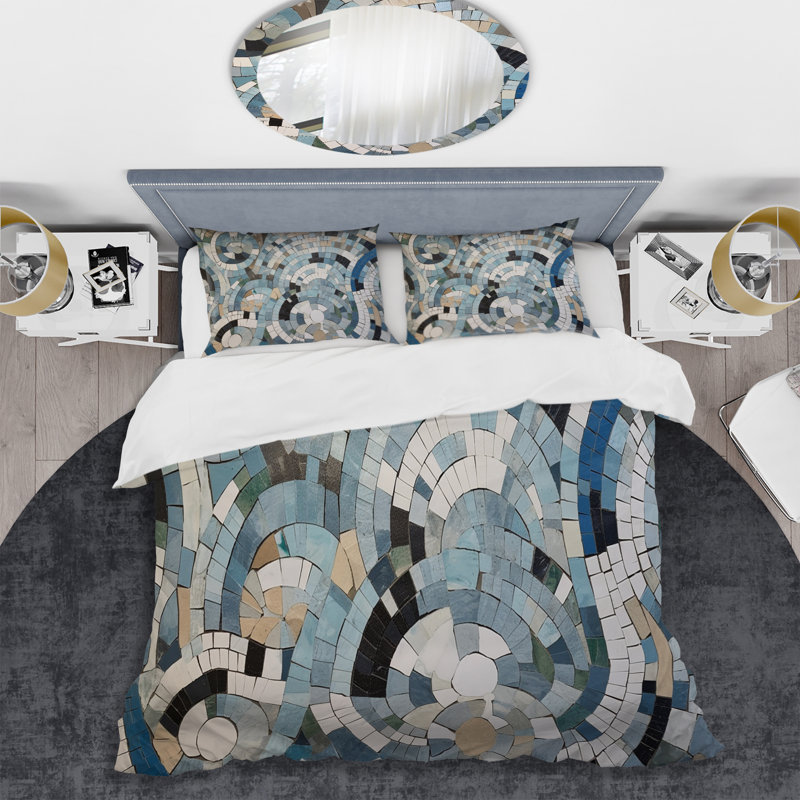 Ensemble de housse de couette en microfibre / polyester bleu et blanc, Housse de couette pour grand lit et 2 taies décor