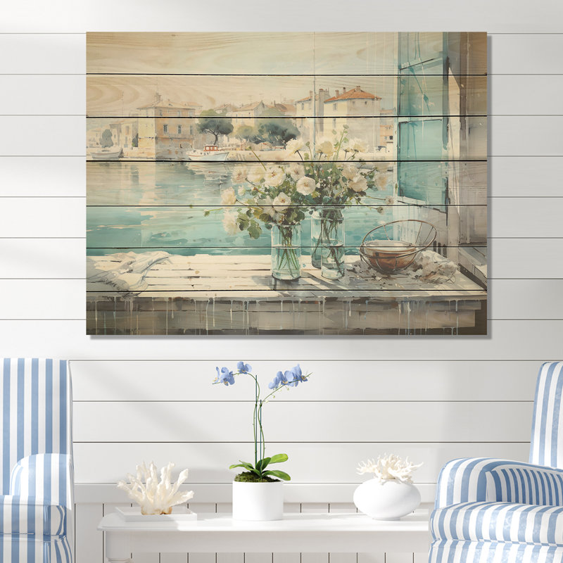 Fenêtre bleue vue sur la plage Blooms II - fenêtres côtières sur bois, H 10 po x l 20 po