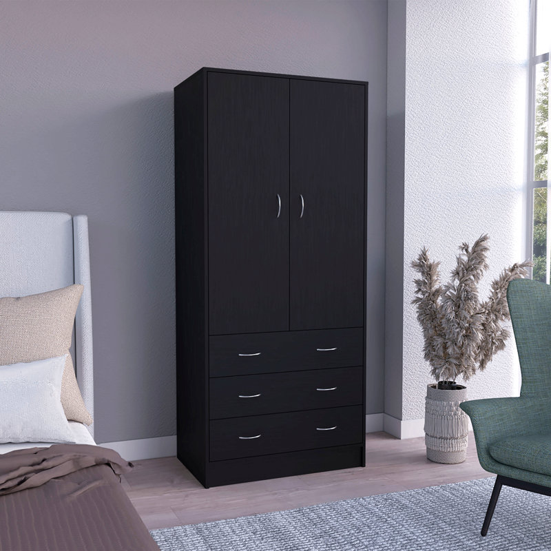 Armoire avec portes doubles, 3 tiroirs et tringle, Noir