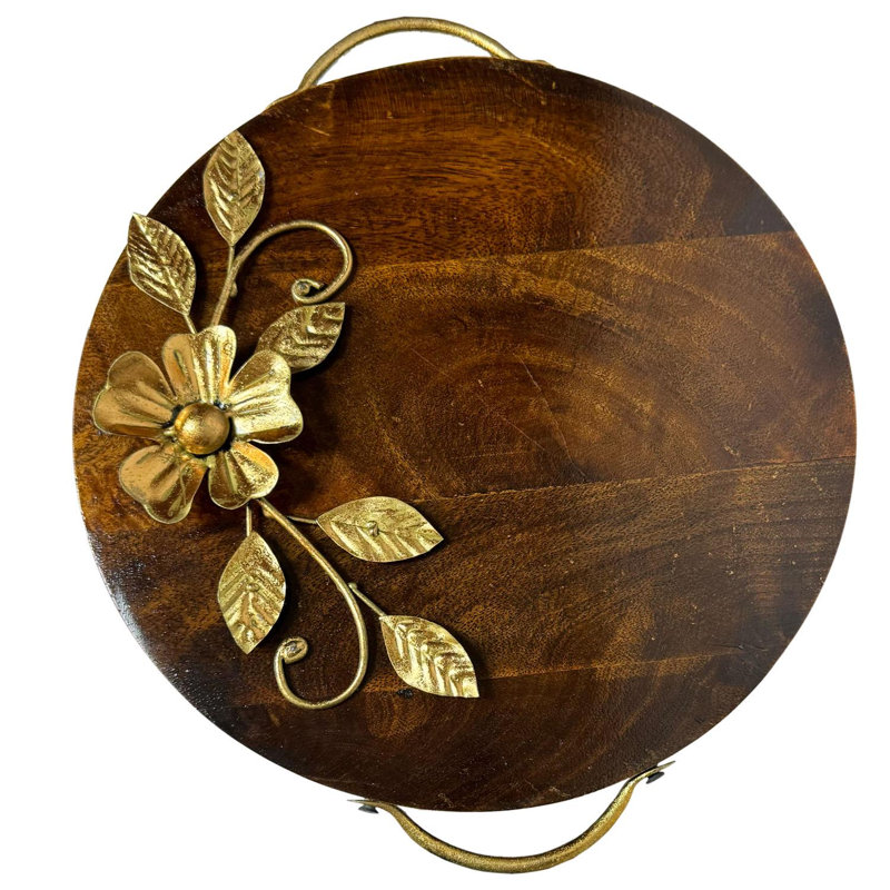12" Rustic Floral Round Wood Serving Tray with Metal Inlay